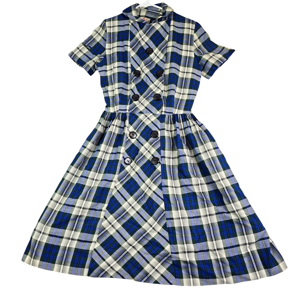 Vintage 60s Junior Co-ed Fit Flare Dress Women XS Blue Plaid Button (For Repair)